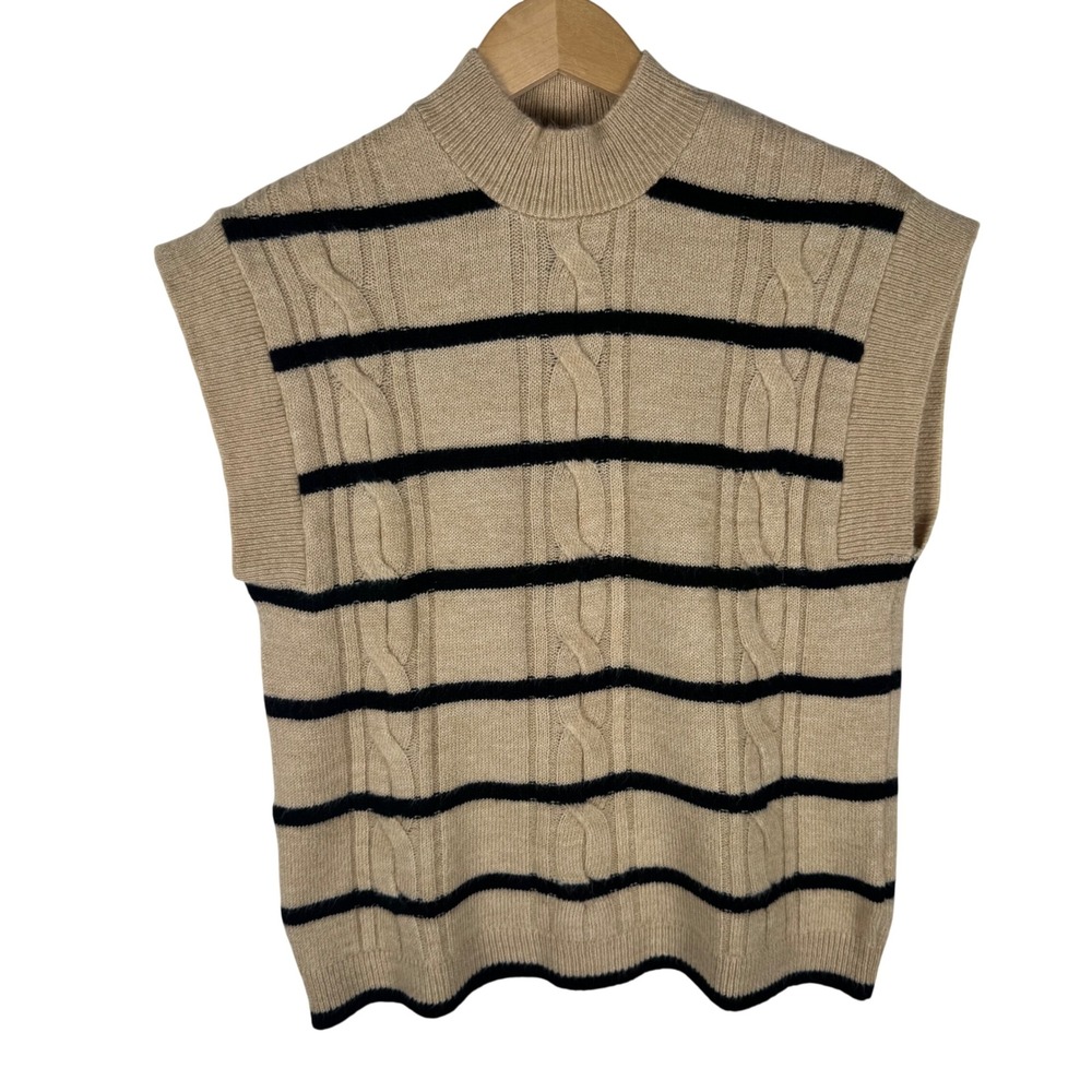 Maeve Beige Cable-Knit Sleeveless Sweater with Black Stripes